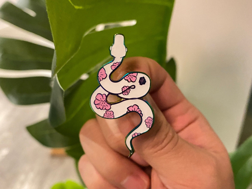 Cute Snake with Flowers Black Hard Enamel Pin